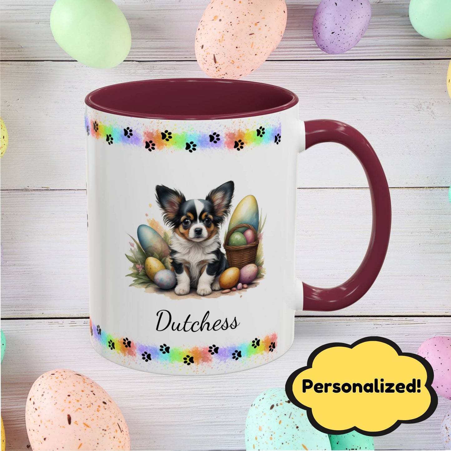 Papillon White, Black & Tan Easter puppy coffee mug, personalized cute dog coffee cup gift for mental health support