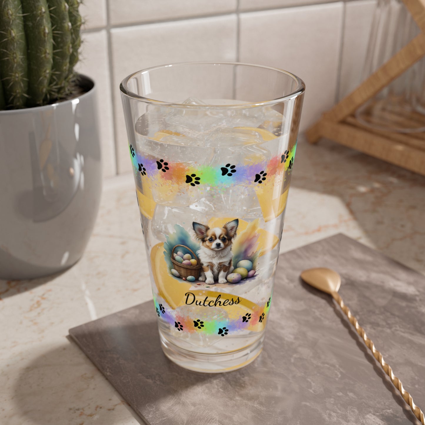 Papillon (White & Brown) Personalized Easter Puppy 16oz Pint Glass - Custom Dog Design, Mental Health Gift, Easter Décor, and Festive Celebrations