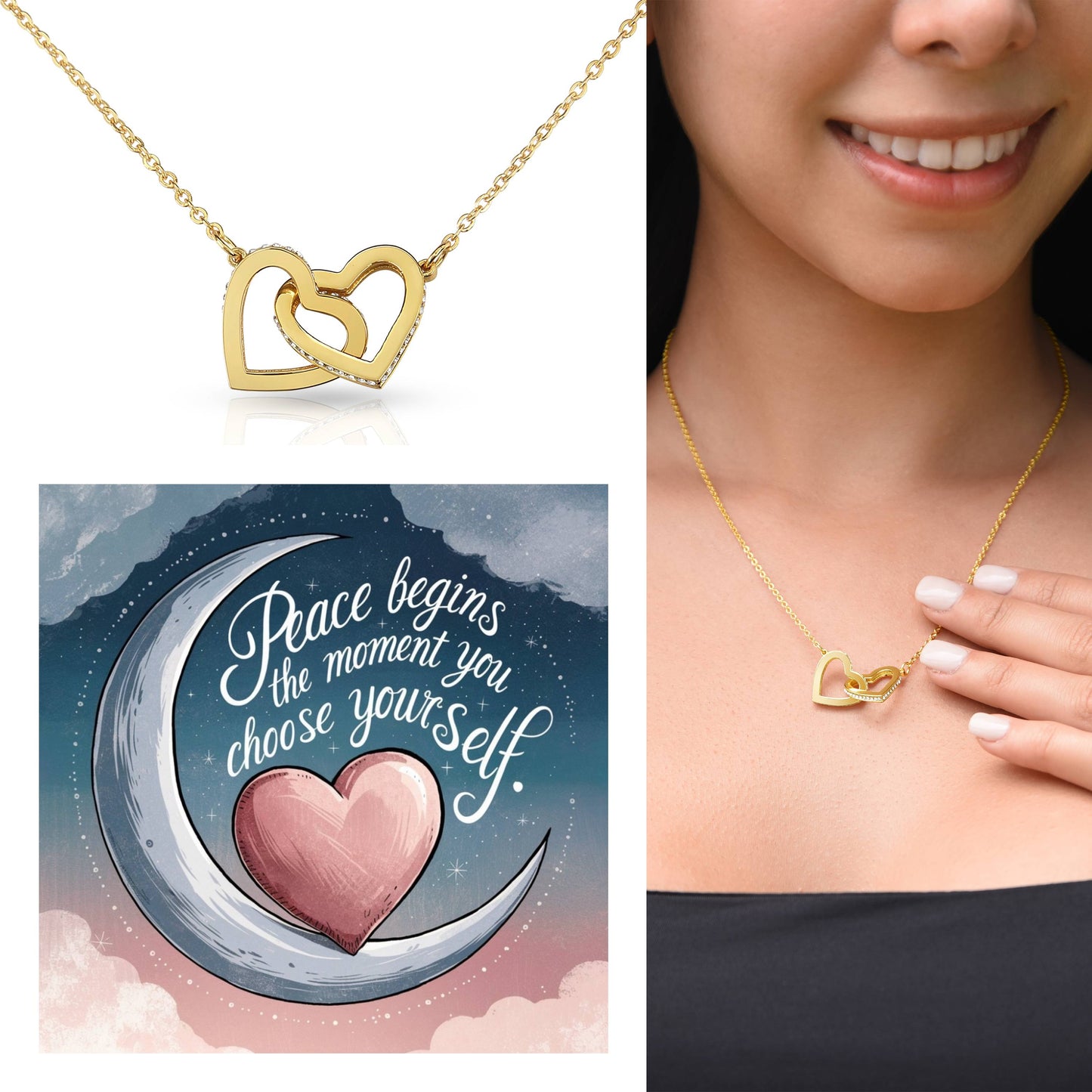 Peace Begins The Moment You Choose Yourself: Interlocking Hearts Necklace - Mental Health Gift, Self-Love, Anxiety, PTSD Support