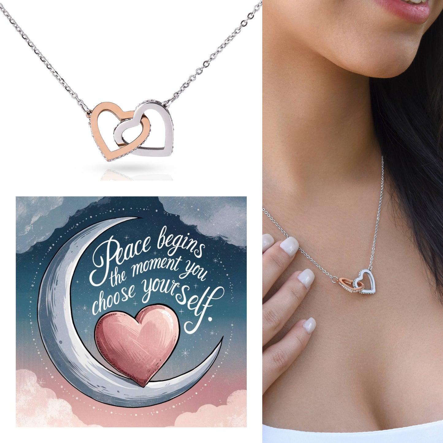 Peace Begins The Moment You Choose Yourself: Interlocking Hearts Necklace - Mental Health Gift, Self-Love, Anxiety, PTSD Support