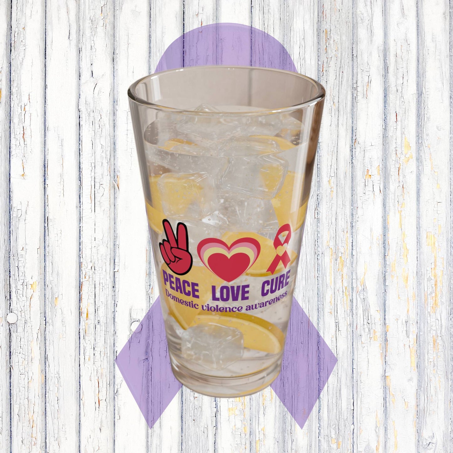 Peace Love Cure Domestic Violence Awareness pint glass with heart and ribbon