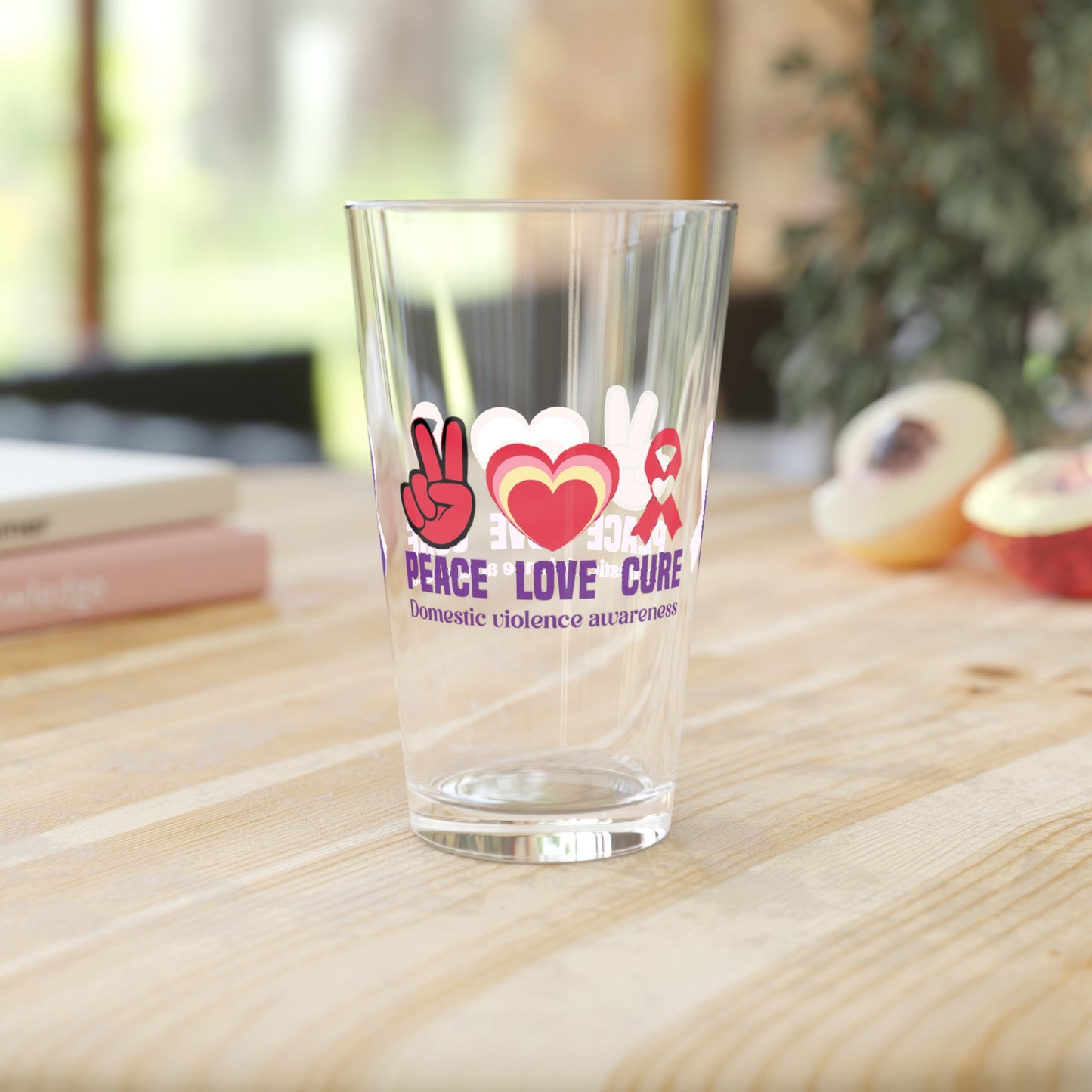 Peace Love Cure Domestic Violence Awareness pint glass with heart and ribbon