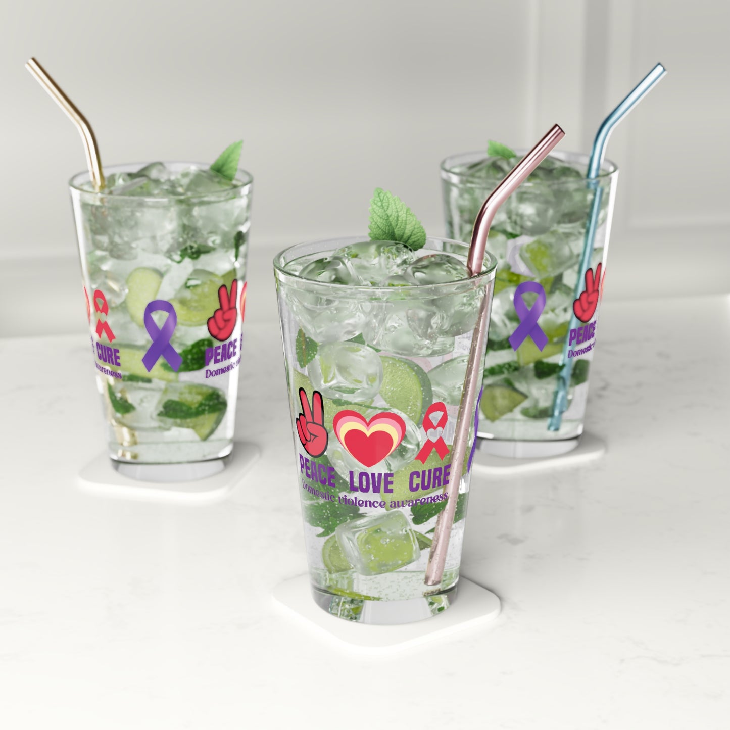 Peace Love Cure Domestic Violence Awareness pint glass with heart and ribbon