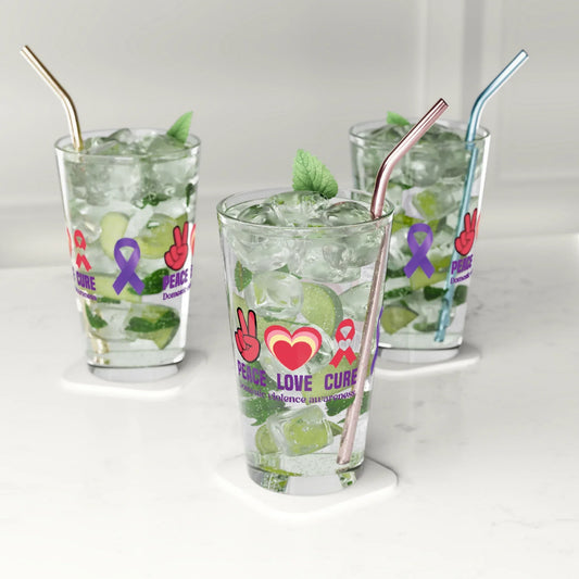 Shop our premium peace love cure domestic violence awareness pint glass 16oz from MySisterIsASurvivor.