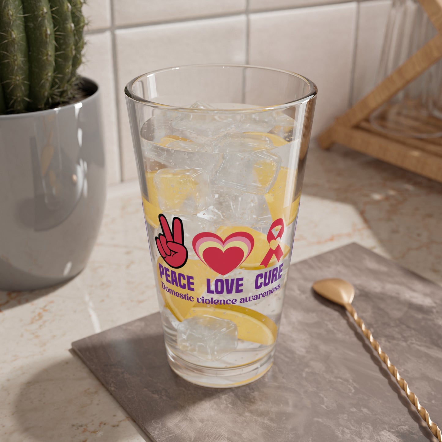 Peace Love Cure Domestic Violence Awareness pint glass with heart and ribbon
