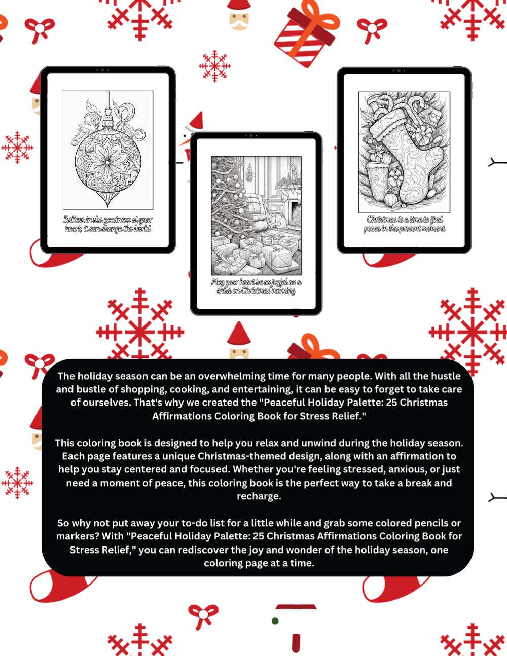 Christmas palette coloring book with peaceful, cozy holiday scenes