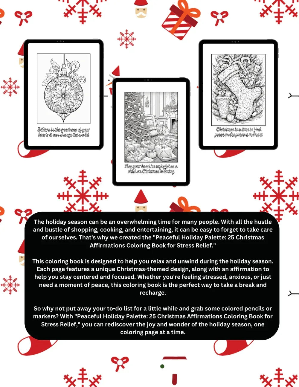 Shop our premium peaceful holiday palette christmas coloring book with 25 christmas themed affirmations from MySisterIsASurvivor.