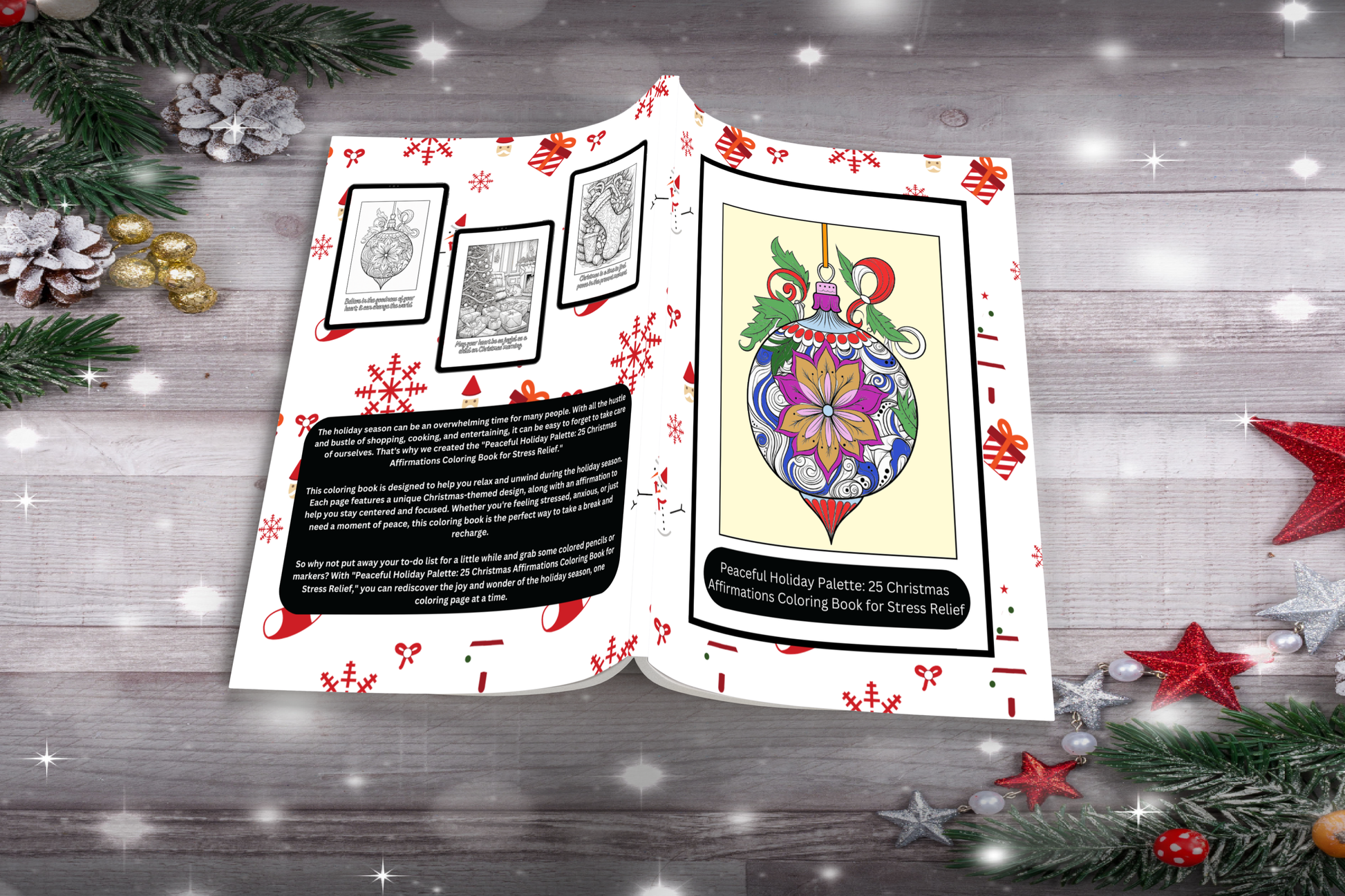 Christmas palette coloring book with peaceful, cozy holiday scenes