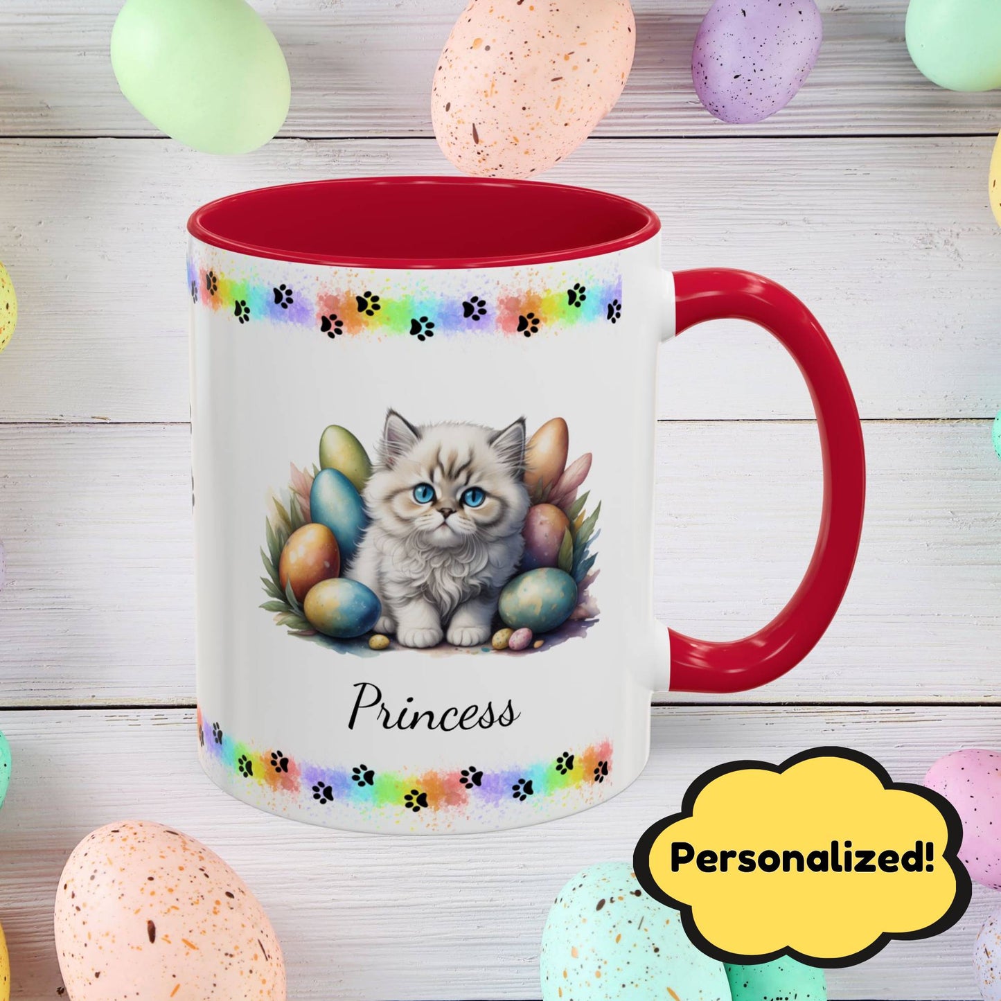 Persian Easter kitten coffee mug, personalized cute cat gift, mental health support and festive drinkware