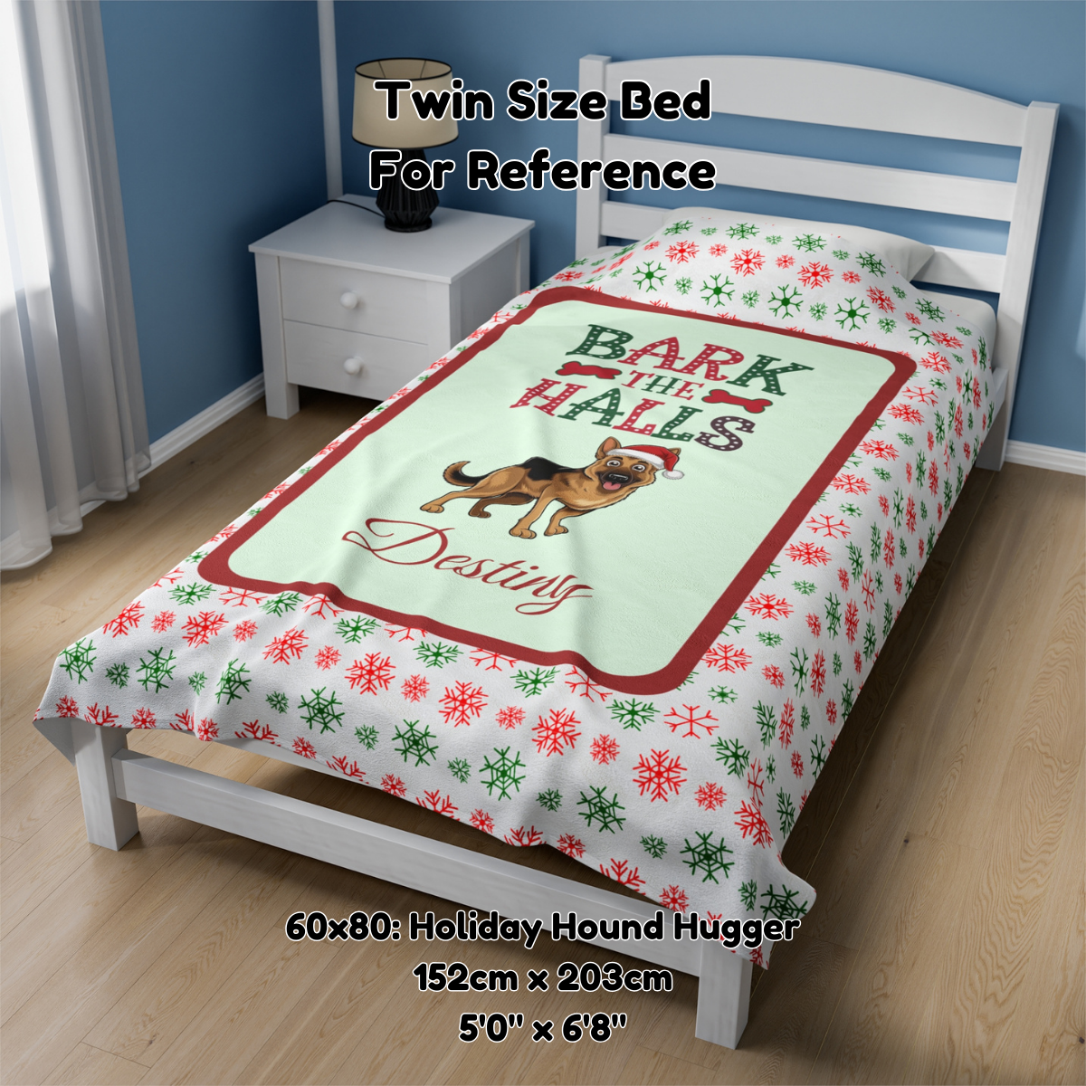 German Shepherd Personalized Velveteen Plush Blanket - "Bark The Halls" | Cozy Holiday Gift for Dog Lovers