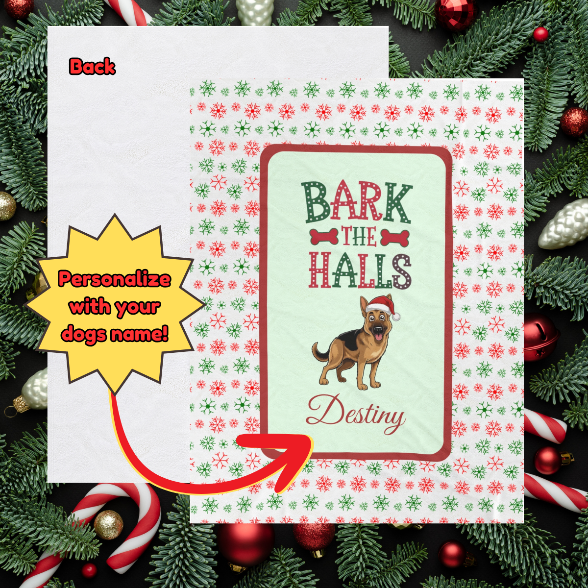 German Shepherd Personalized Velveteen Plush Blanket - "Bark The Halls" | Cozy Holiday Gift for Dog Lovers