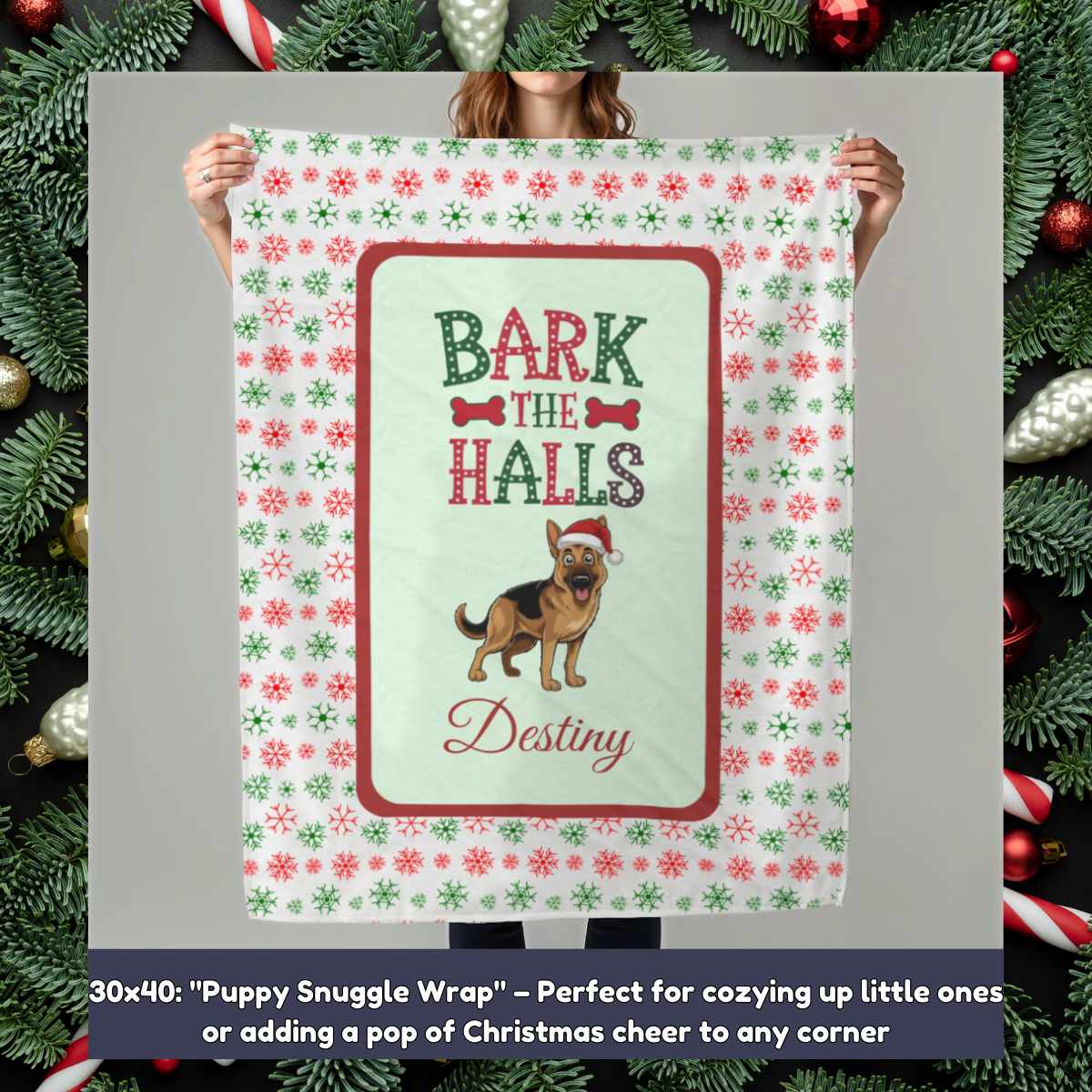 German Shepherd Personalized Velveteen Plush Blanket - "Bark The Halls" | Cozy Holiday Gift for Dog Lovers