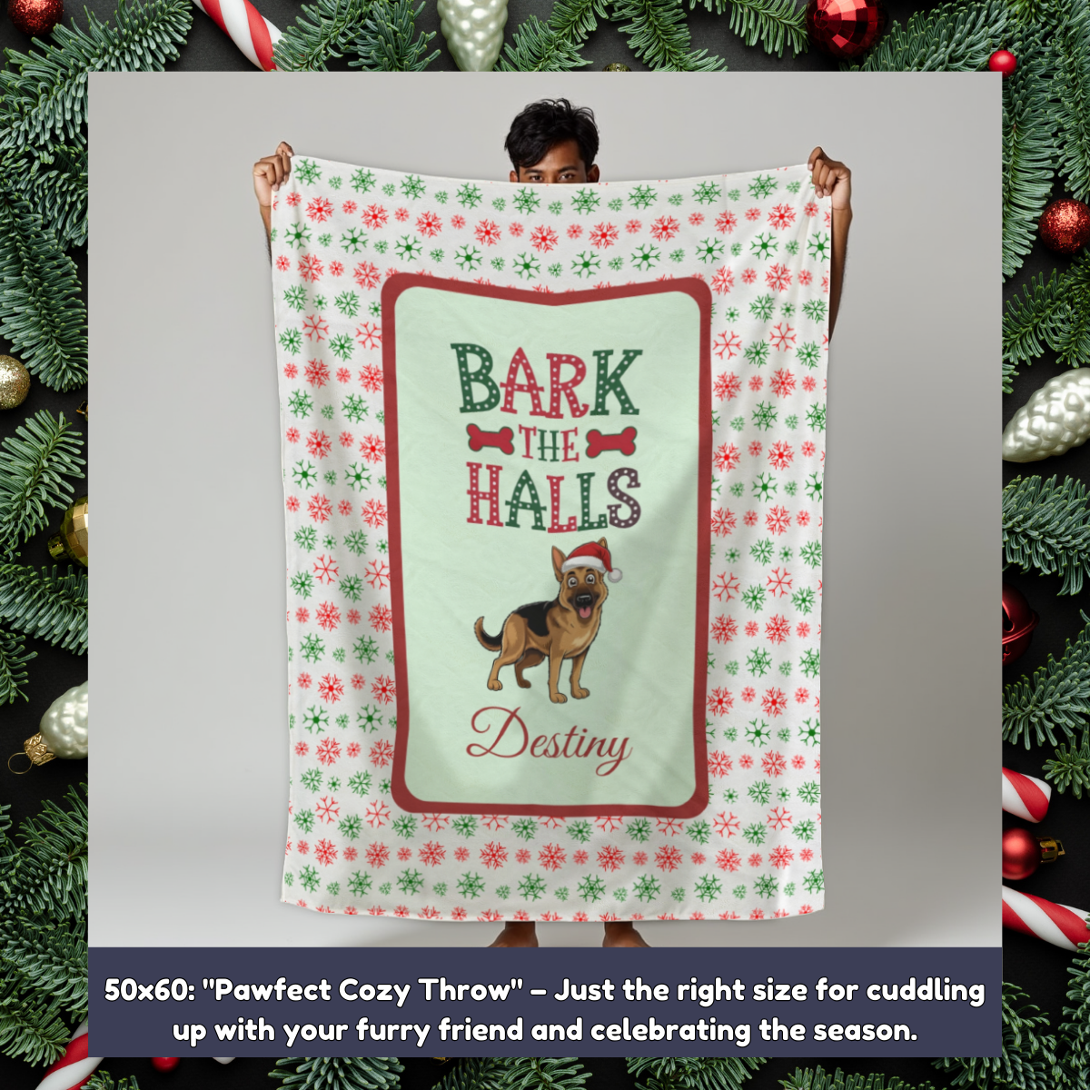 German Shepherd Personalized Velveteen Plush Blanket - "Bark The Halls" | Cozy Holiday Gift for Dog Lovers