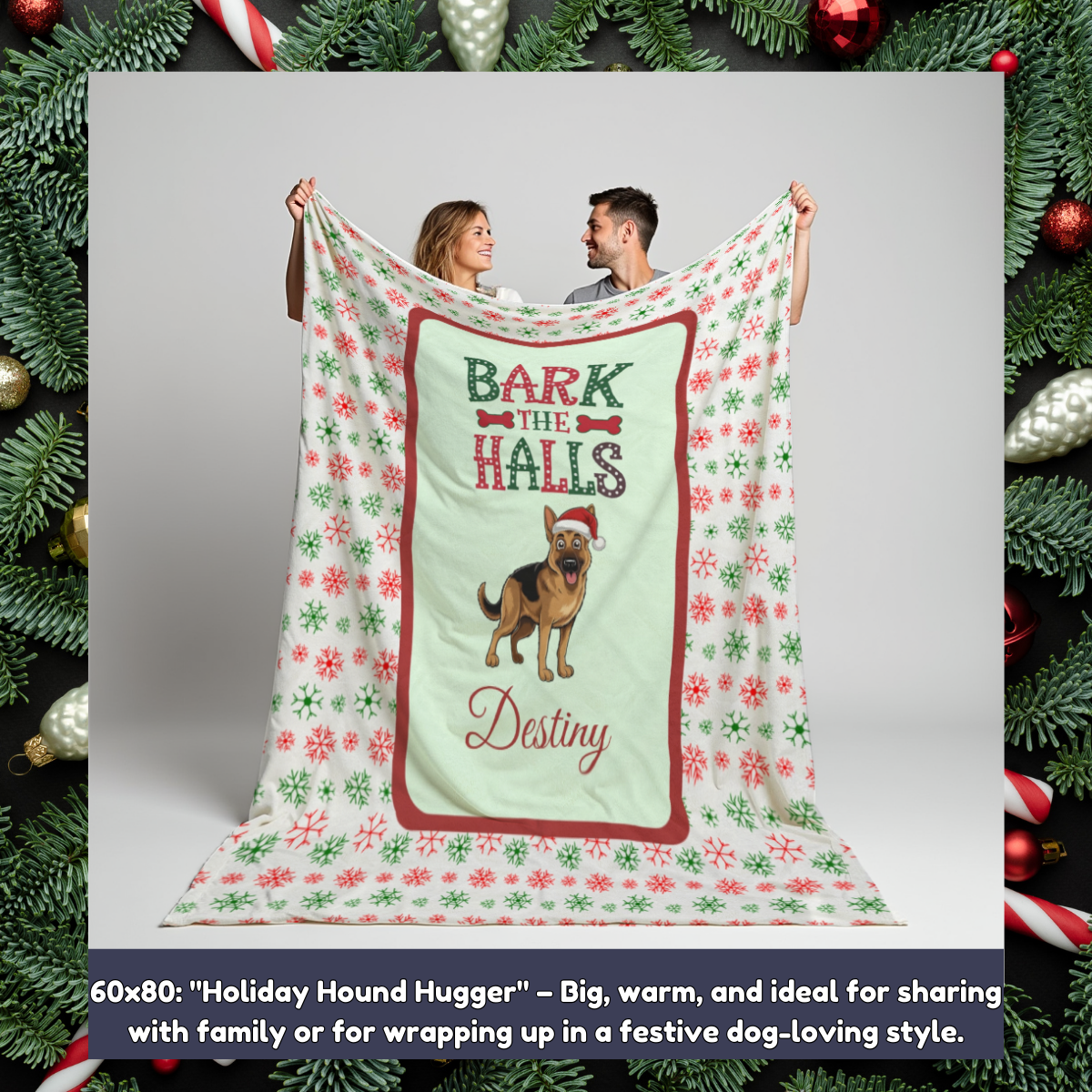 German Shepherd Personalized Velveteen Plush Blanket - "Bark The Halls" | Cozy Holiday Gift for Dog Lovers