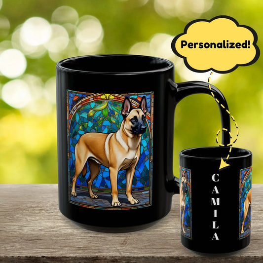 Shop our belgian malinois cream sable personalized mug with stained glass design 11oz 15oz featuring the 15oz style option from MySisterIsASurvivor.