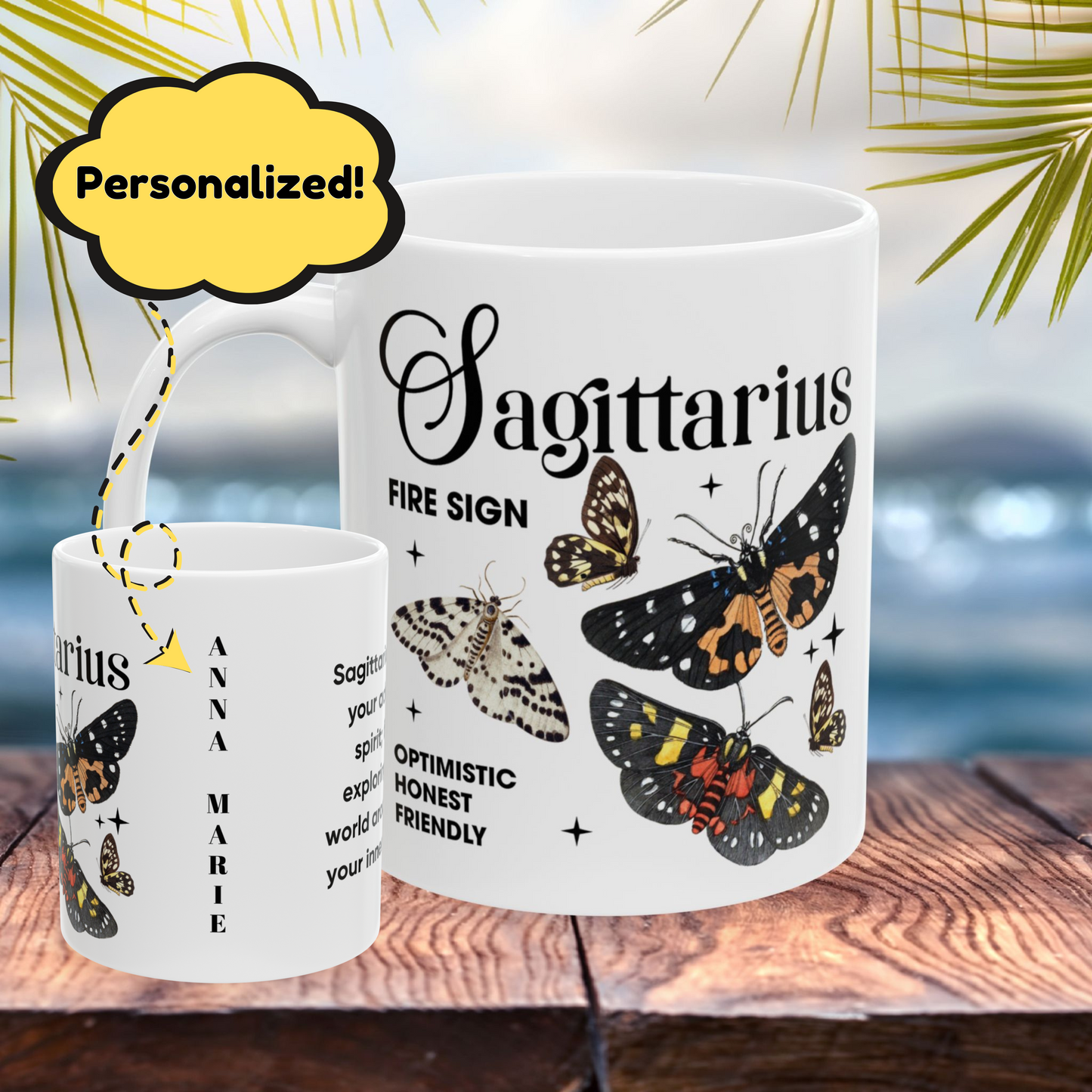 Sagittarius zodiac mug with butterfly art, custom astrology gift idea