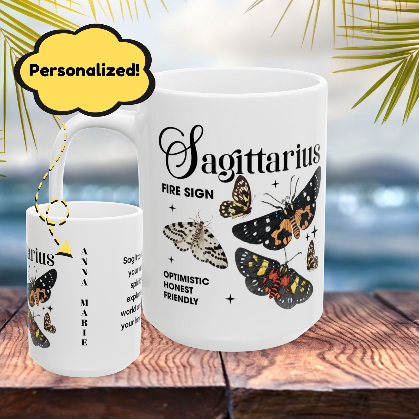 Sagittarius zodiac mug with butterfly art, custom astrology gift idea