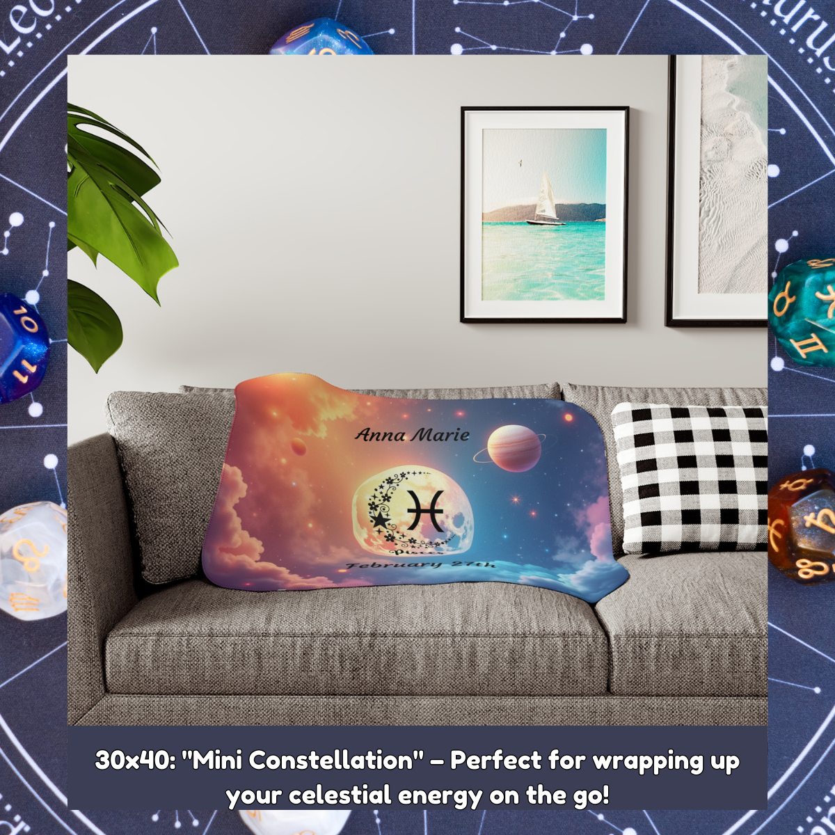 Custom Pisces zodiac sign blanket with constellation design for soothing comfort and mental health support.