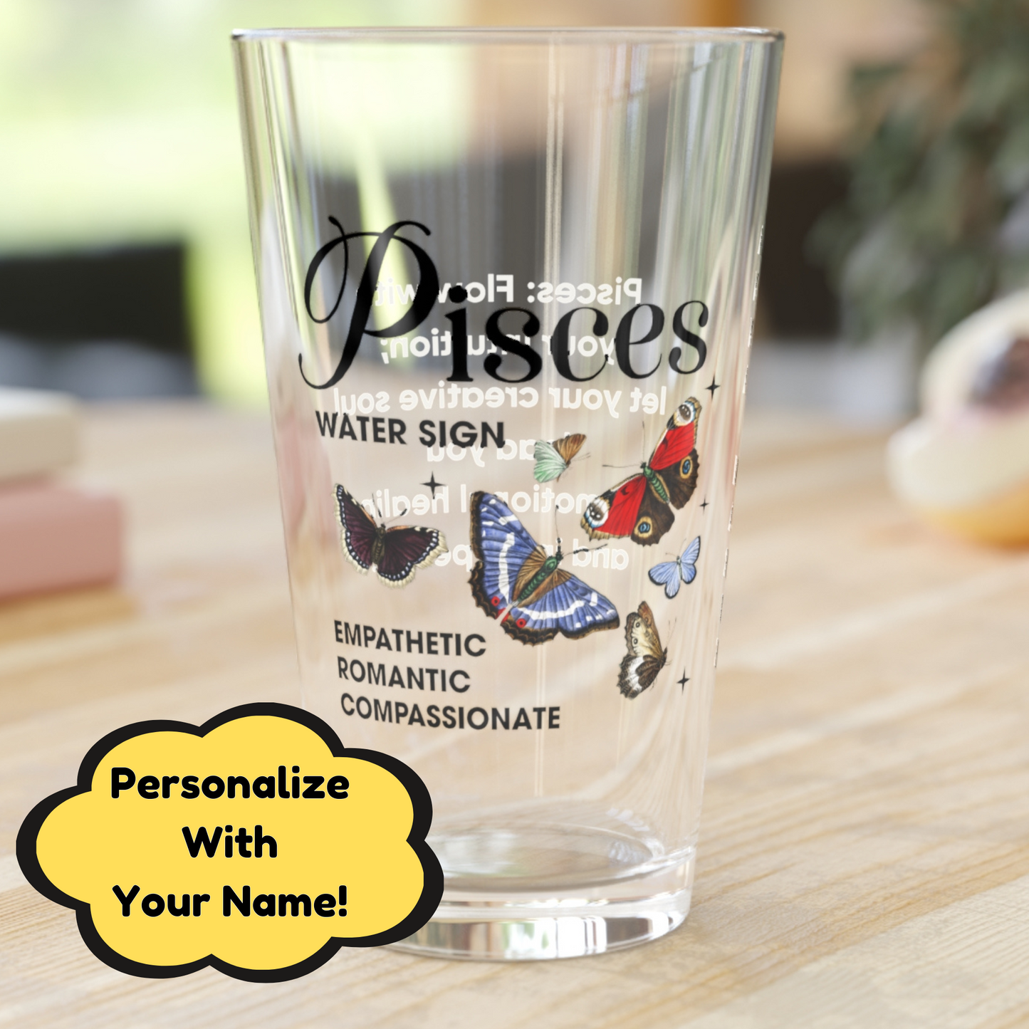 Pisces astrology pint glass, personalized 16oz zodiac star sign birthday drinkware gift