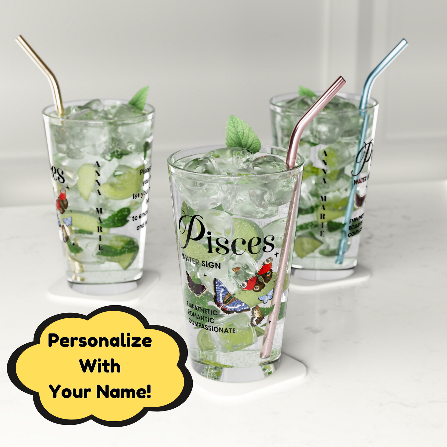 Pisces astrology pint glass, personalized 16oz zodiac star sign birthday drinkware gift