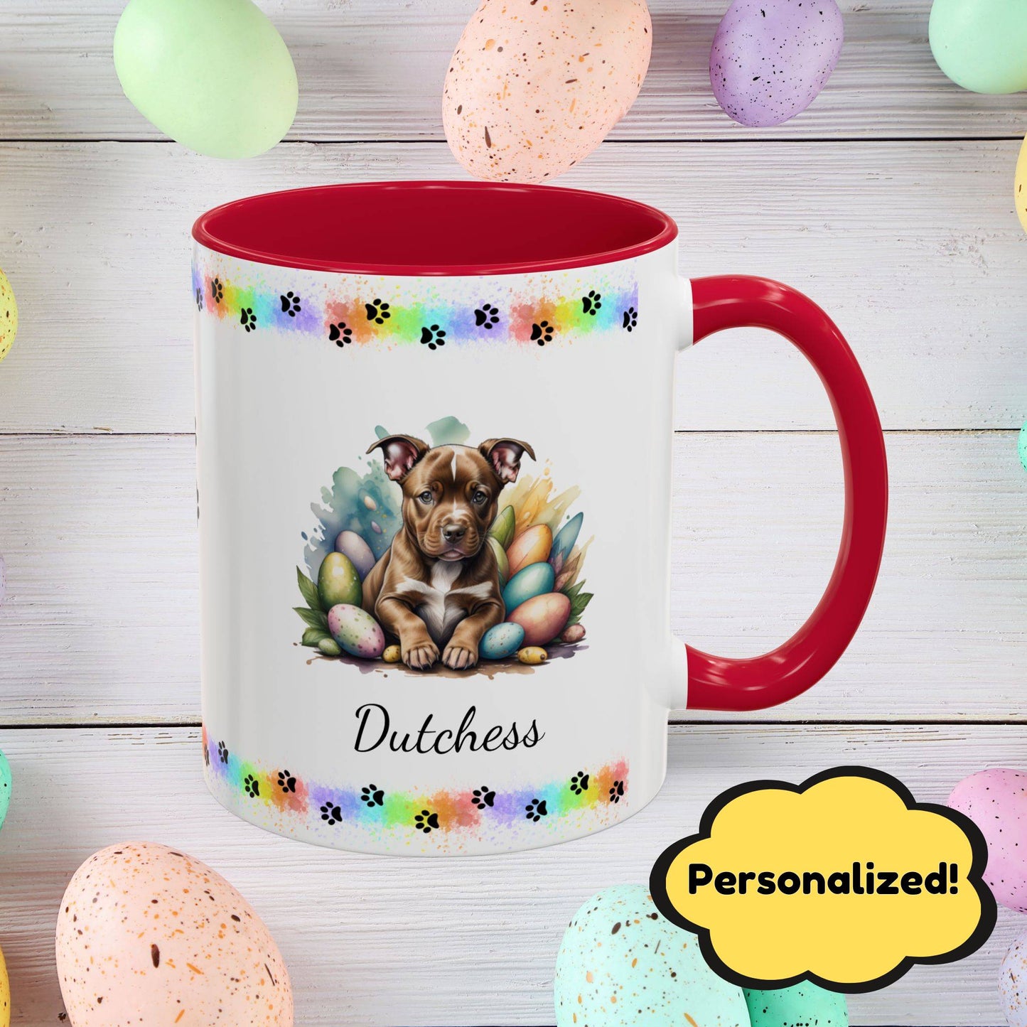 Pitbull Brown Easter puppy coffee mug, personalized cute dog coffee cup gift for mental health support and comfort