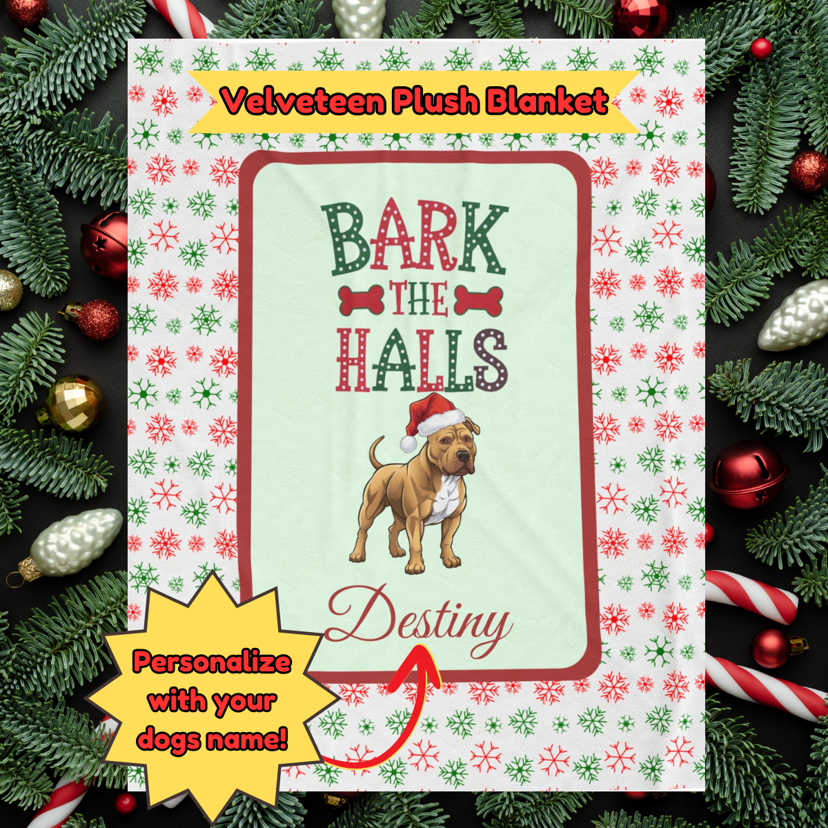 Pitbull (Buckskin) Personalized Velveteen Plush Blanket - "Bark The Halls" | Cozy Holiday Gift for Dog Lovers