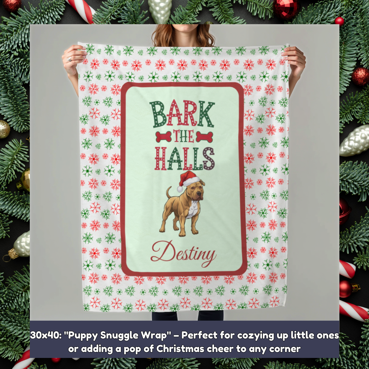 Pitbull (Buckskin) Personalized Velveteen Plush Blanket - "Bark The Halls" | Cozy Holiday Gift for Dog Lovers