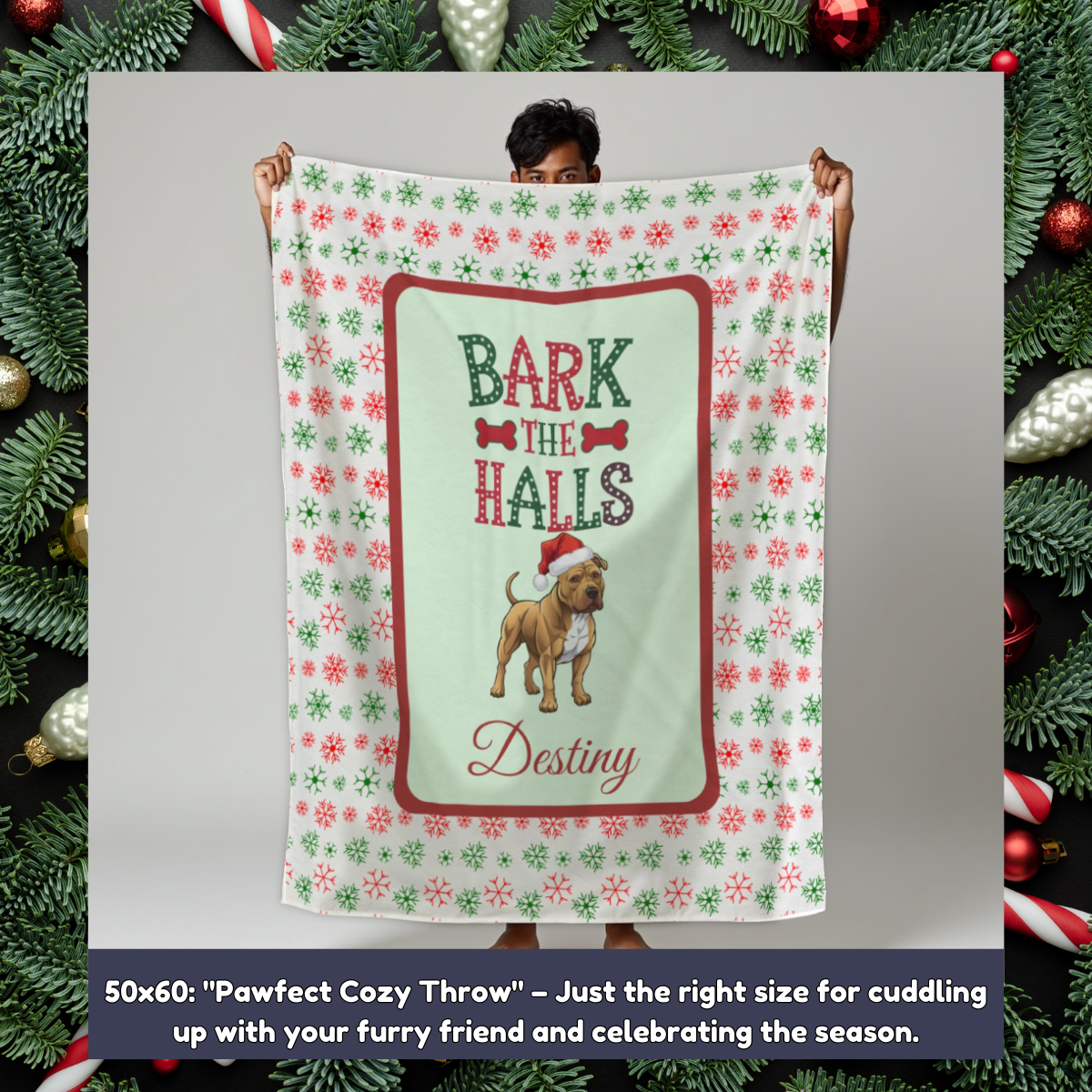 Pitbull (Buckskin) Personalized Velveteen Plush Blanket - "Bark The Halls" | Cozy Holiday Gift for Dog Lovers
