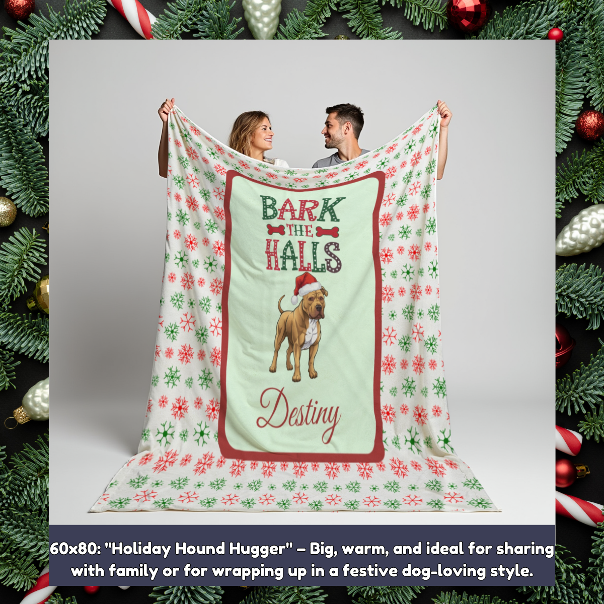 Pitbull (Buckskin) Personalized Velveteen Plush Blanket - "Bark The Halls" | Cozy Holiday Gift for Dog Lovers