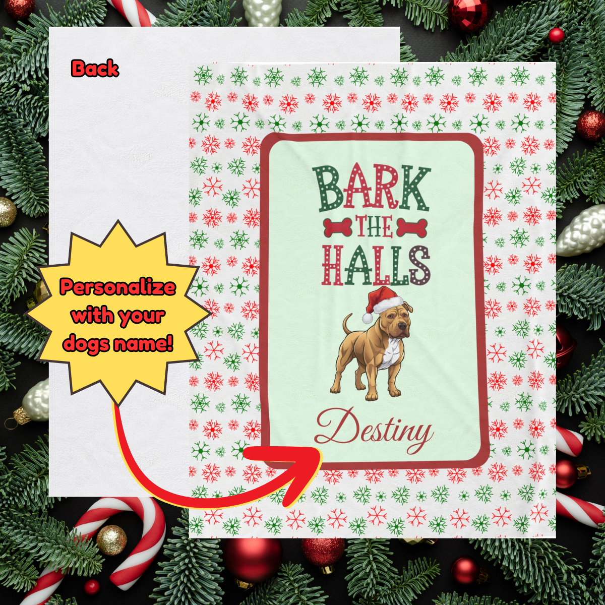 Pitbull (Buckskin) Personalized Velveteen Plush Blanket - "Bark The Halls" | Cozy Holiday Gift for Dog Lovers
