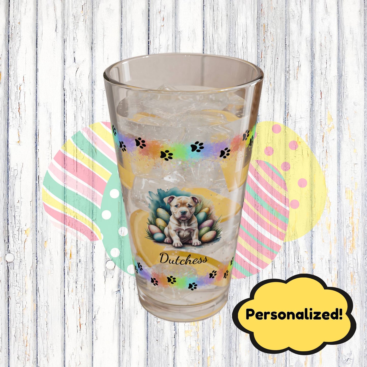 Pitbull (Tan) Personalized Easter Puppy 16oz Pint Glass - Custom Dog Design, Mental Health Gift, Easter Décor, and Festive Celebrations