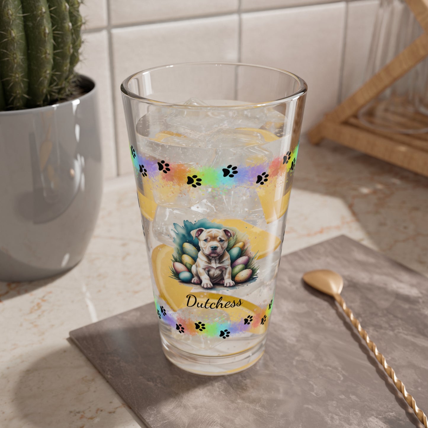 Pitbull (Tan) Personalized Easter Puppy 16oz Pint Glass - Custom Dog Design, Mental Health Gift, Easter Décor, and Festive Celebrations