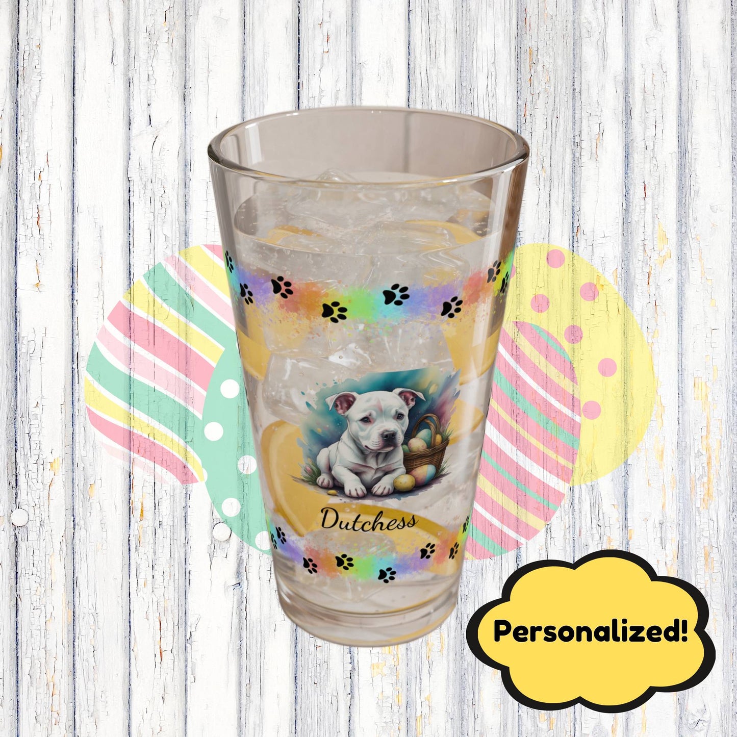Pitbull (White) Personalized Easter Puppy 16oz Pint Glass - Custom Dog Design, Mental Health Gift, Easter Décor, and Festive Celebrations
