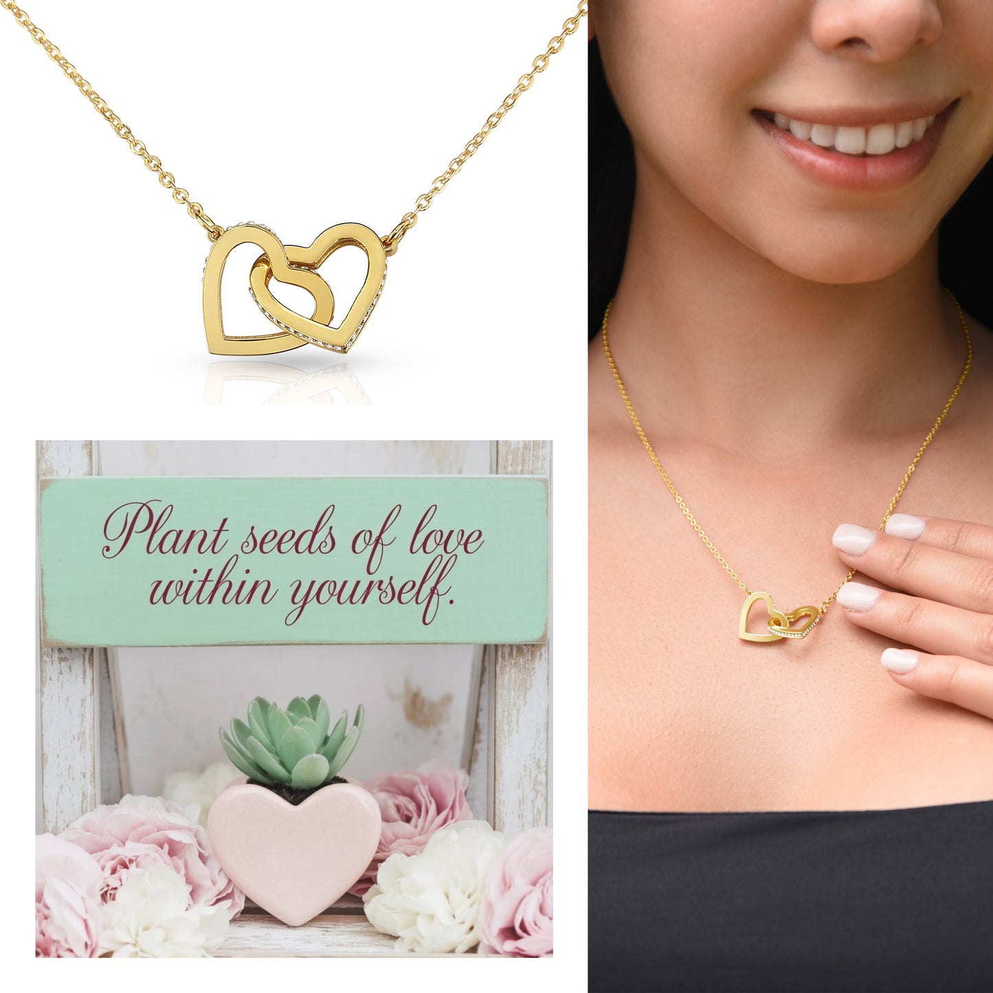Plant Seeds Of Love Within Yourself: Interlocking Hearts Necklace - Mental Health Gift, Self-Love, Anxiety, PTSD Support