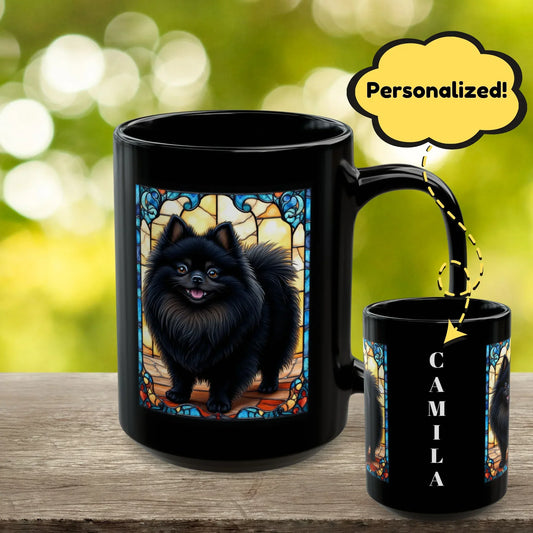 Shop our pomeranian black personalized mug with stained glass design 11oz 15oz featuring the 15oz style option from MySisterIsASurvivor.