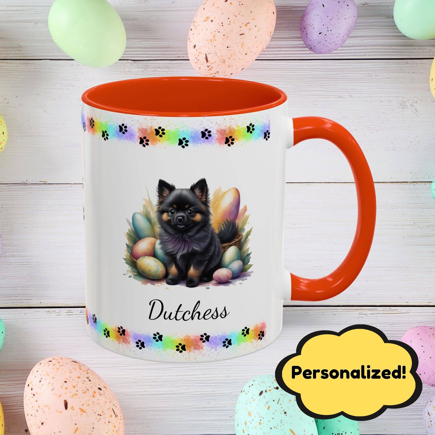 Pomeranian Black & Tan Easter puppy coffee mug, personalized cute dog coffee cup gift for mental health support