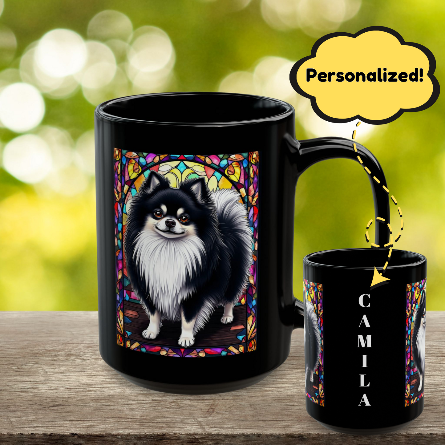 Black and white Pomeranian custom name mug for dog moms