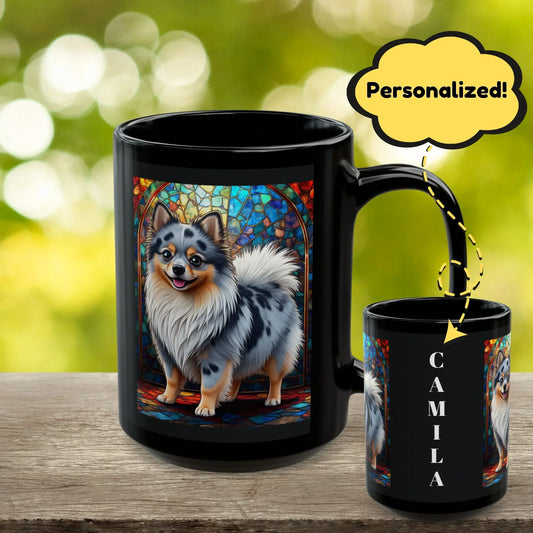 Shop our pomeranian blue merle personalized mug with stained glass design 11oz 15oz featuring the 15oz style option from MySisterIsASurvivor.