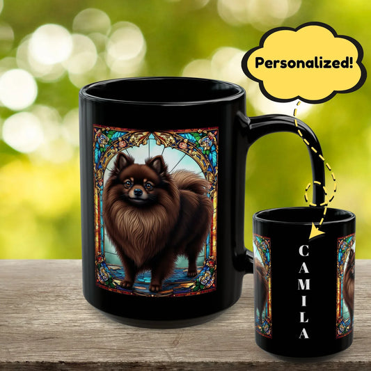 Shop our pomeranian chocolate personalized mug with stained glass design 11oz 15oz featuring the 15oz style option from MySisterIsASurvivor.