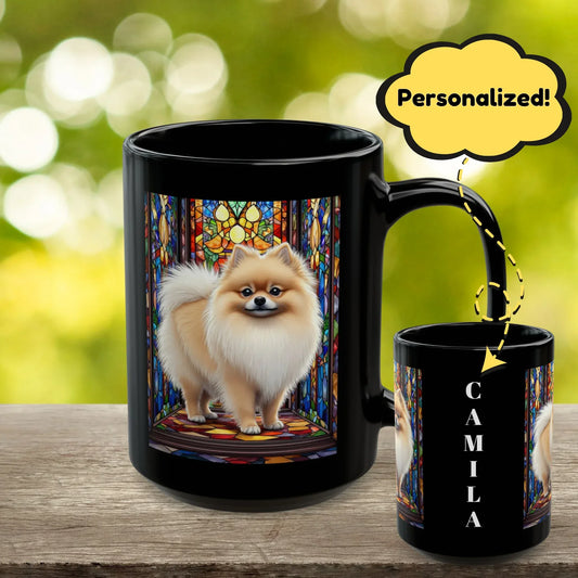 Shop our pomeranian cream sable personalized mug with stained glass design 11oz 15oz featuring the 15oz style option from MySisterIsASurvivor.
