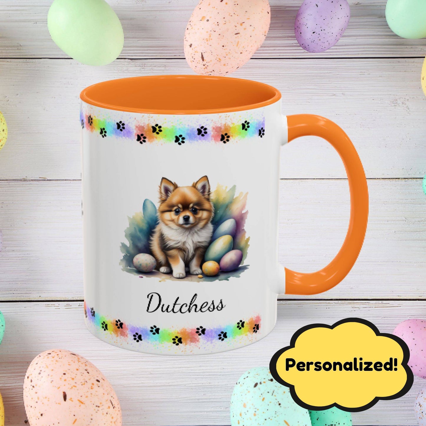 Pomeranian Cream Sable Easter puppy coffee mug, personalized cute dog gift for mental health awareness and comfort