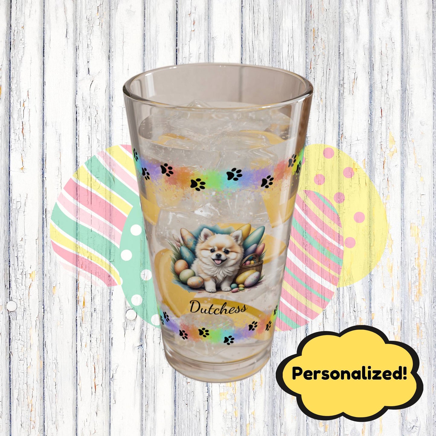 Pomeranian (Cream) Personalized Easter Puppy 16oz Pint Glass - Custom Dog Design, Mental Health Gift, Easter Décor, and Festive Celebrations
