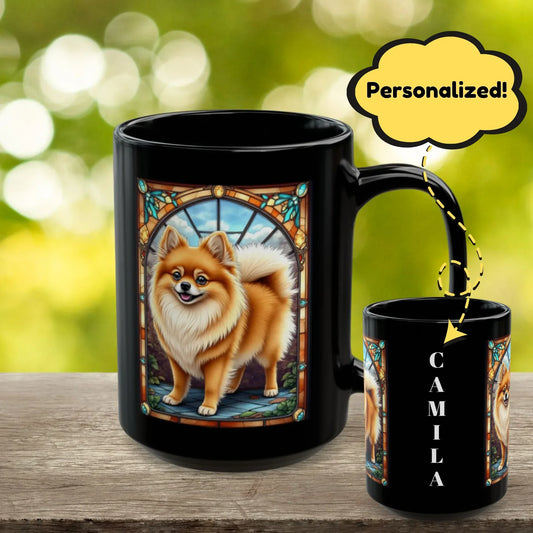Shop our pomeranian orange sable personalized mug with stained glass design 11oz 15oz featuring the 15oz style option from MySisterIsASurvivor.