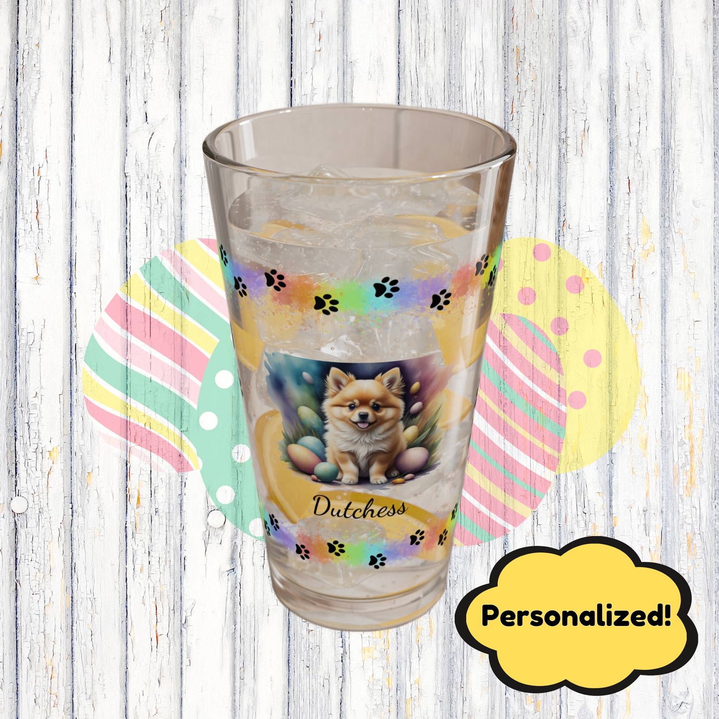 Pomeranian (Orange) Personalized Easter Puppy 16oz Pint Glass - Custom Dog Design, Mental Health Gift, Easter Décor, and Festive Celebrations