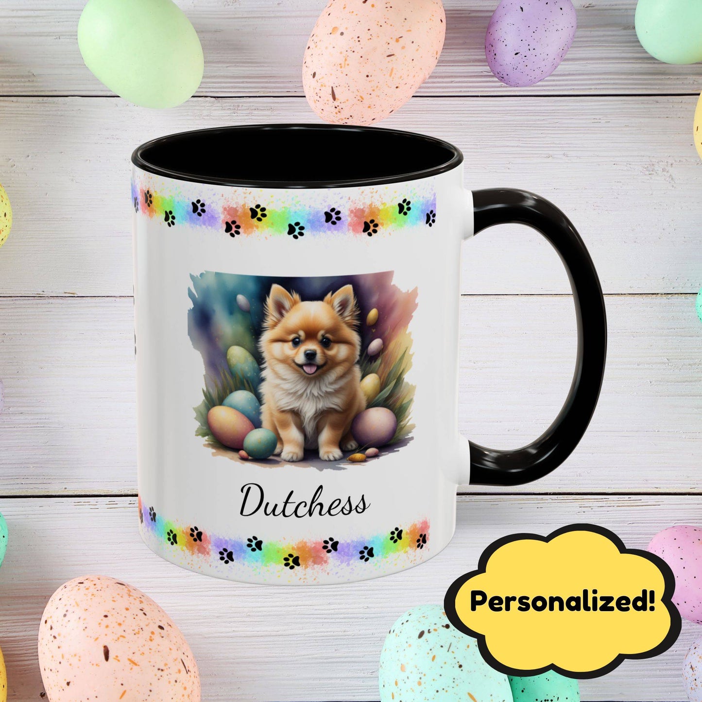 Pomeranian Orange Easter puppy coffee mug, personalized cute dog gift for mental health awareness and cozy drinks