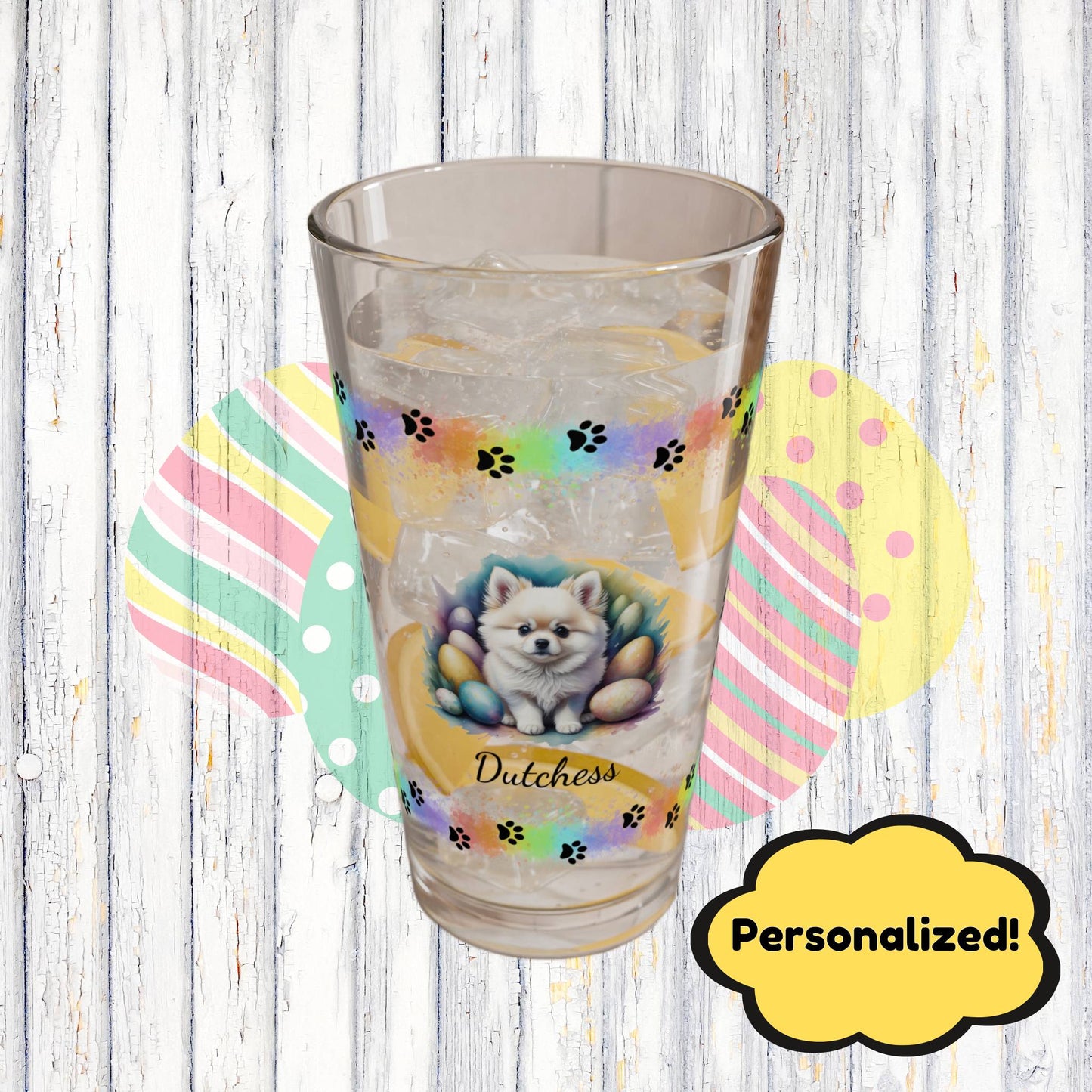 Pomeranian (White) Personalized Easter Puppy 16oz Pint Glass - Custom Dog Design, Mental Health Gift, Easter Décor, and Festive Celebrations