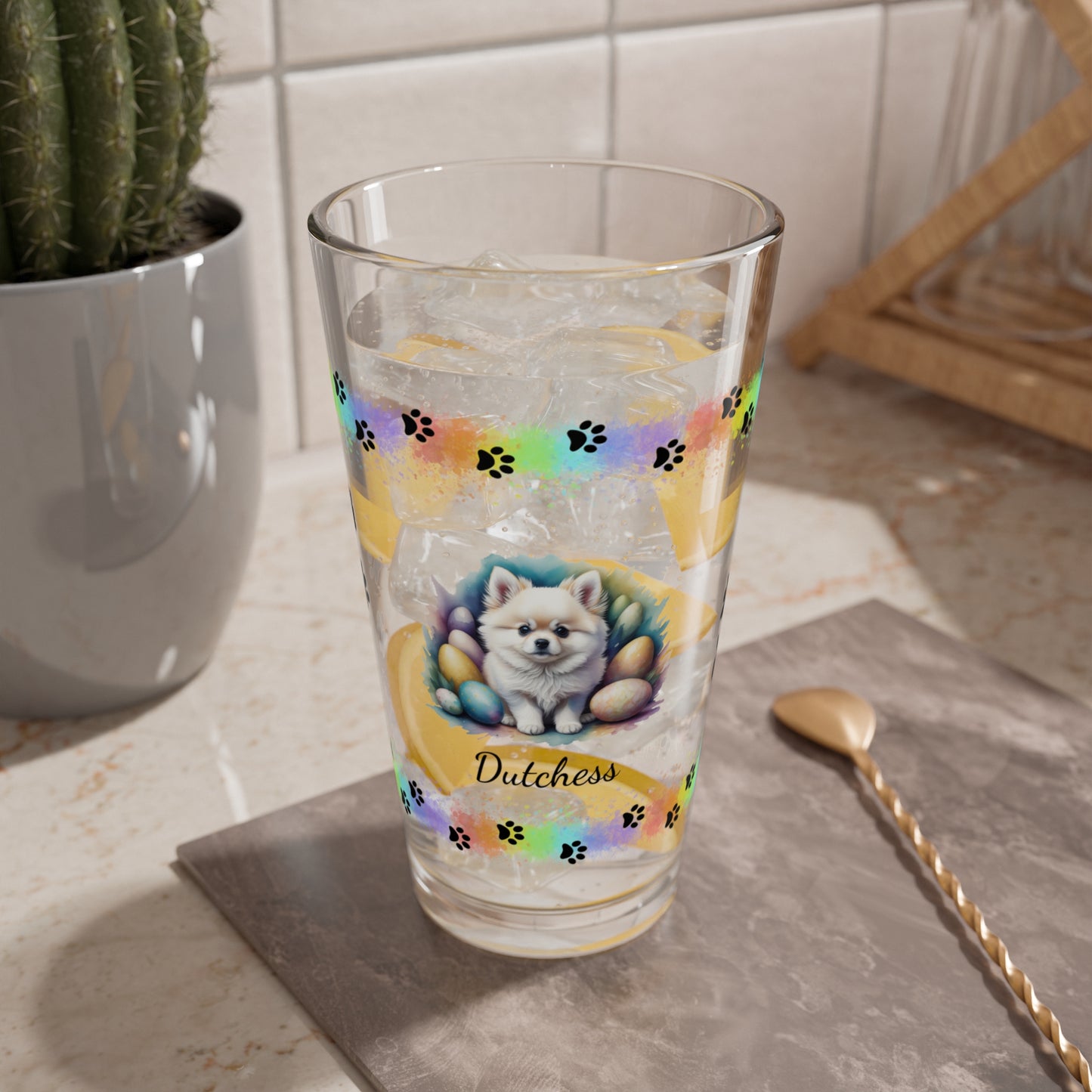 Pomeranian (White) Personalized Easter Puppy 16oz Pint Glass - Custom Dog Design, Mental Health Gift, Easter Décor, and Festive Celebrations