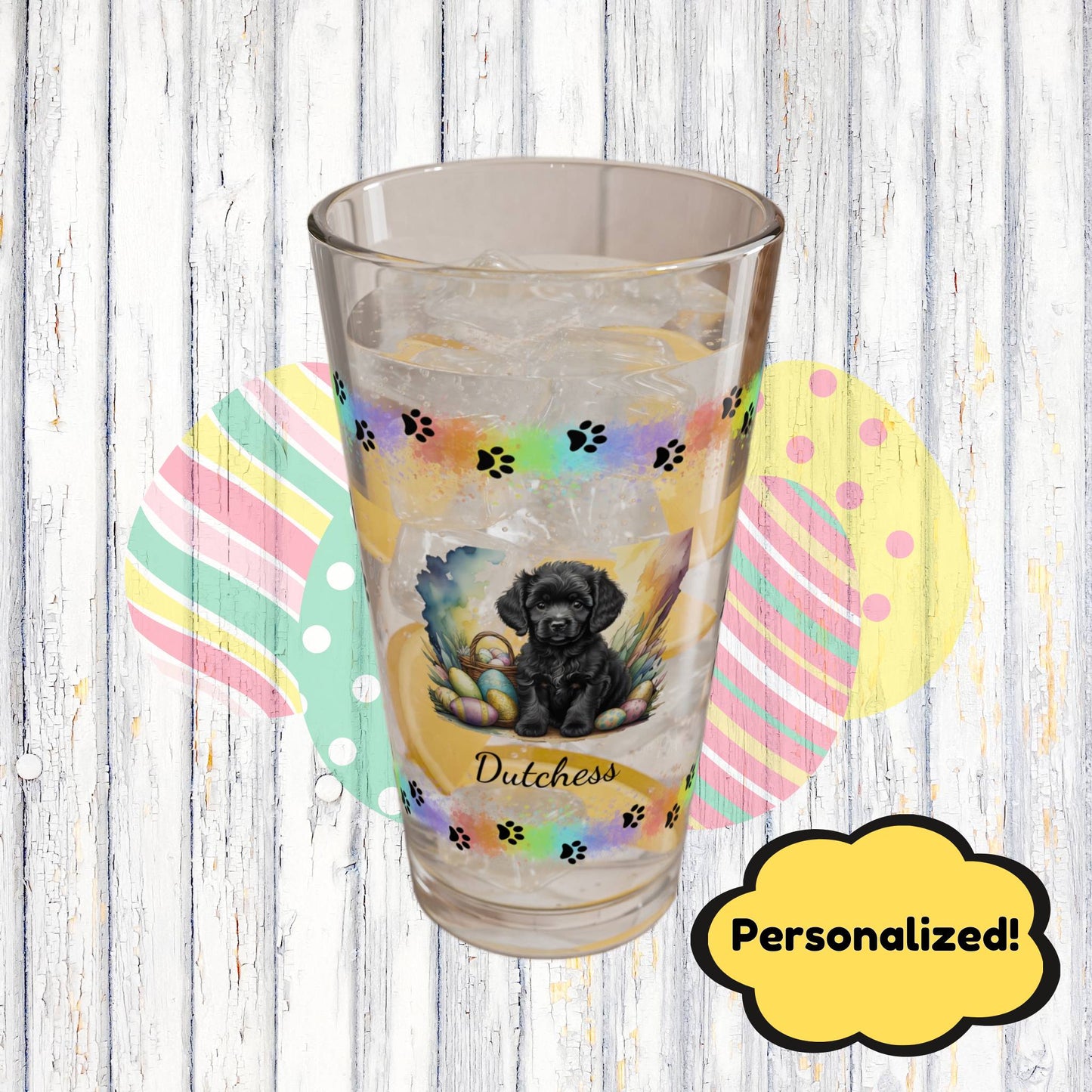 Poodle (Black) Personalized Easter Puppy 16oz Pint Glass - Custom Dog Design, Mental Health Gift, Easter Décor, and Festive Celebrations