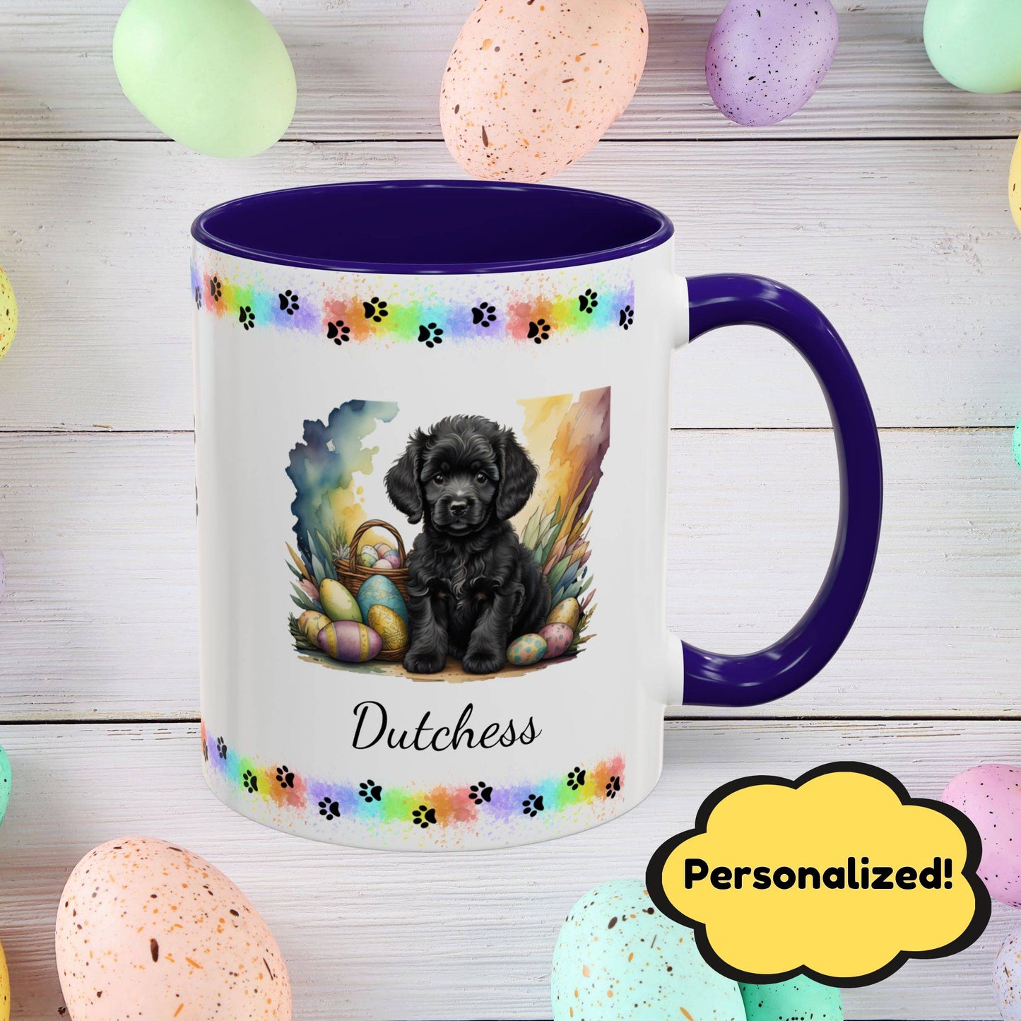 Adorable black Poodle Easter puppy coffee mug personalized dog gift, perfect for mental health awareness and spring joy.