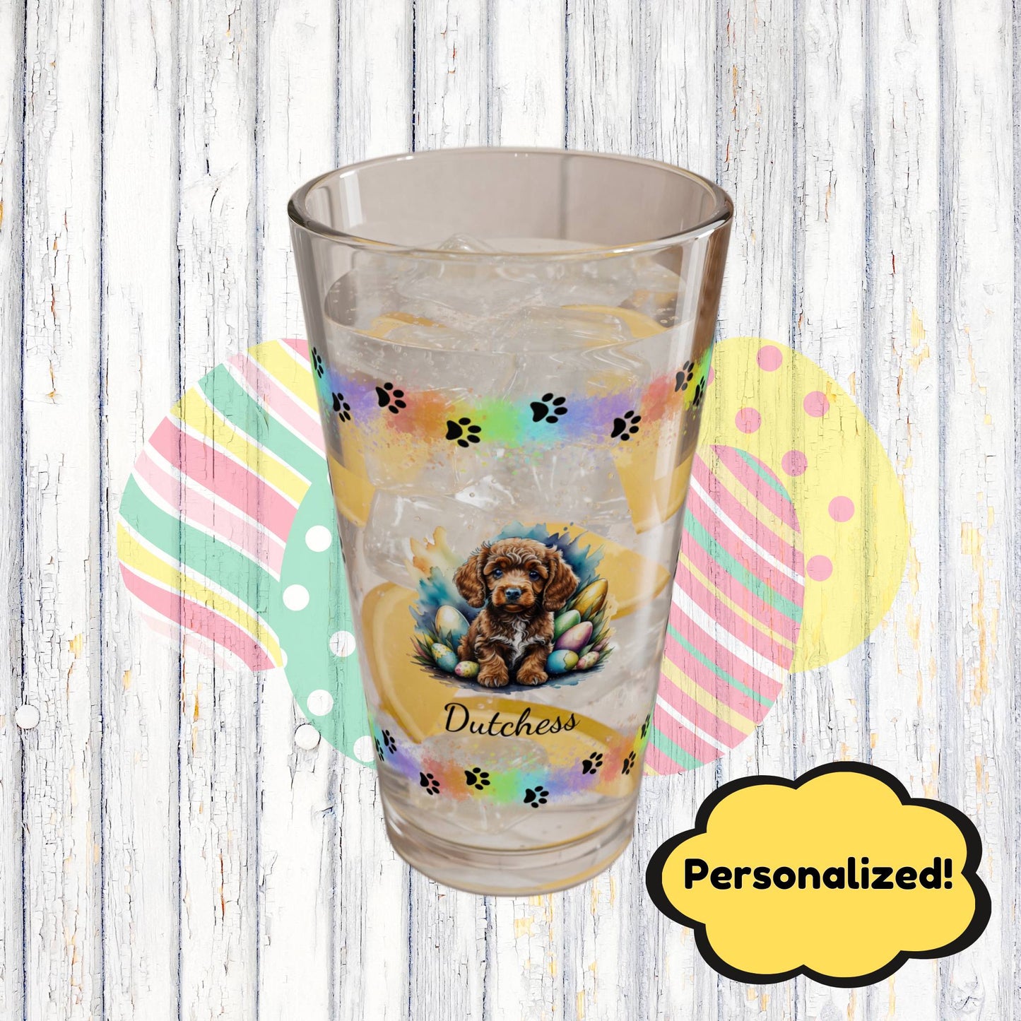 Poodle (Brown) Personalized Easter Puppy 16oz Pint Glass - Custom Dog Design, Mental Health Gift, Easter Décor, and Festive Celebrations